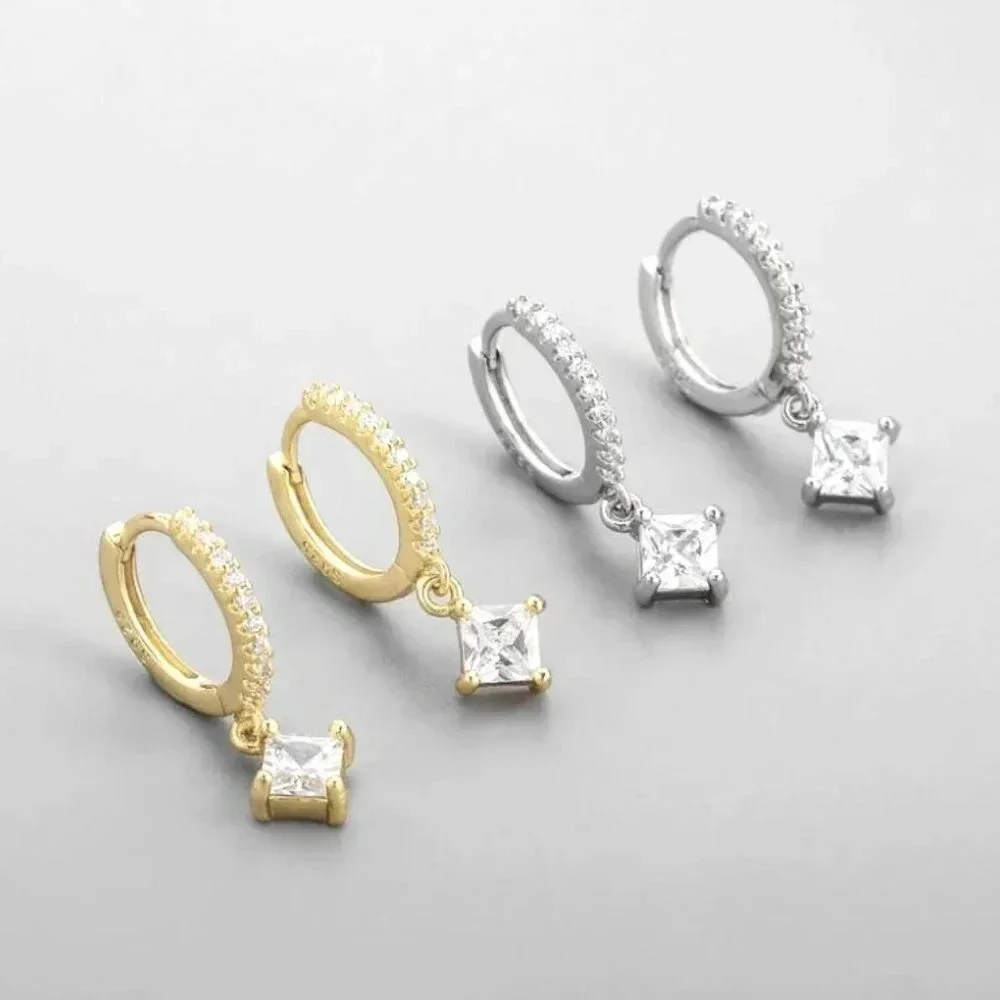 Sterling Silver Hoop Princess Cut Diamond Earrings
